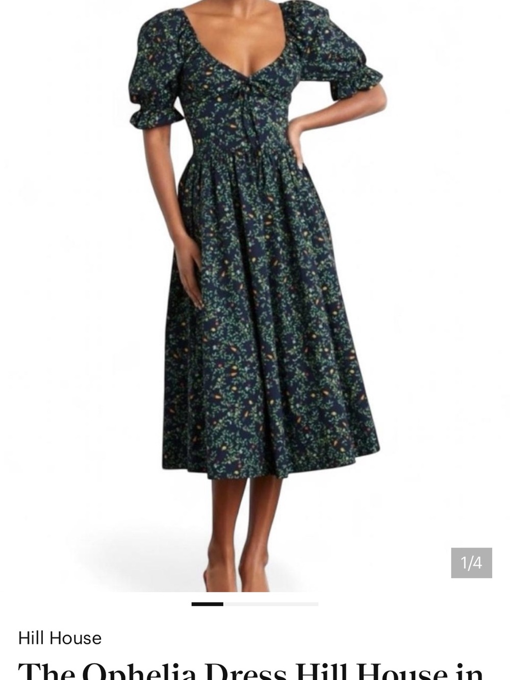 Hill House Dark Floral Puff-Sleeve Midi Dress - Navy with Multicolor Print